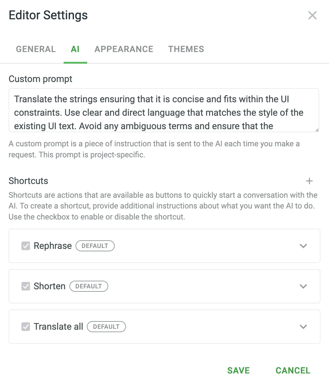 AI Assistant Editor Settings