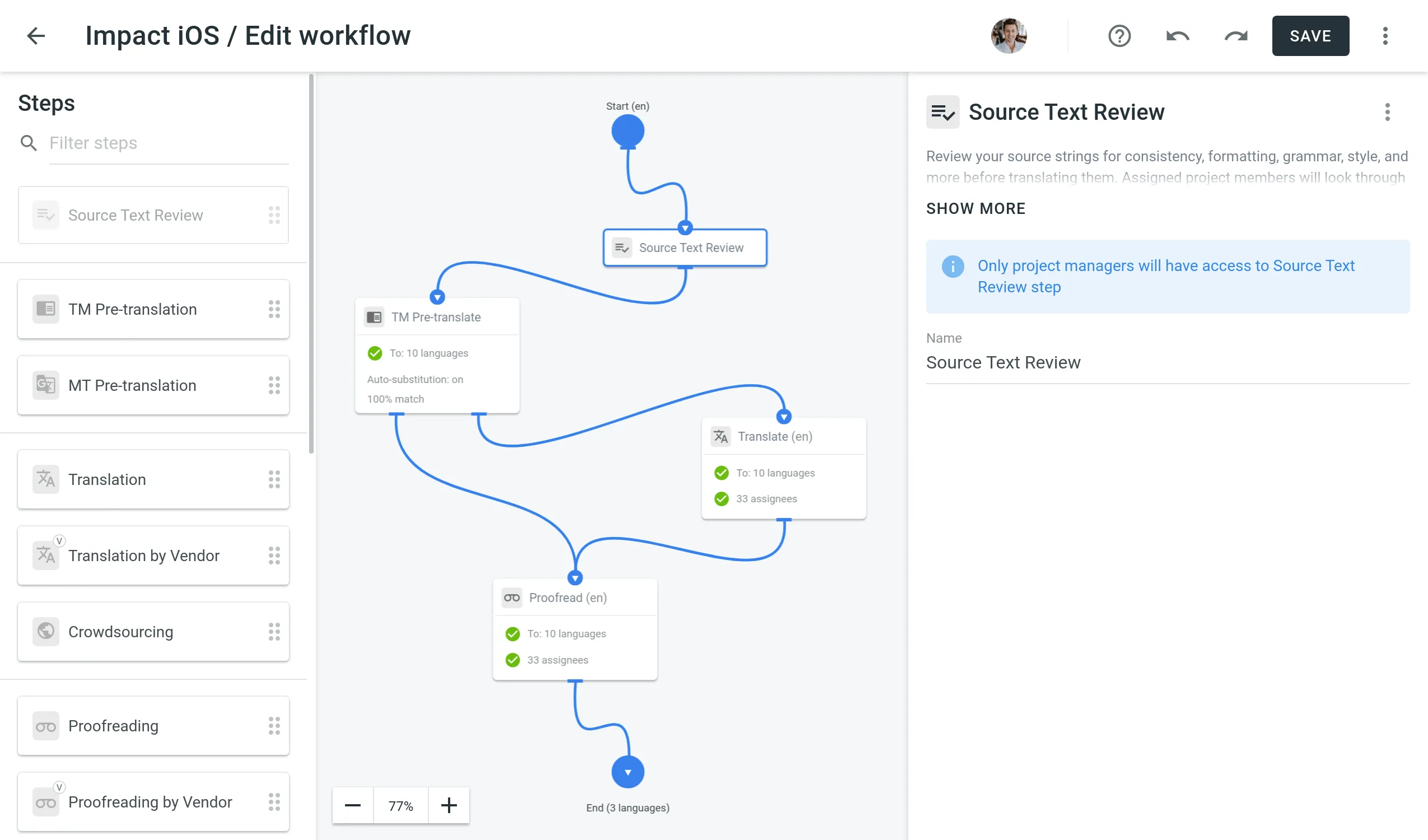 Source Text Review in the Workflow Editor